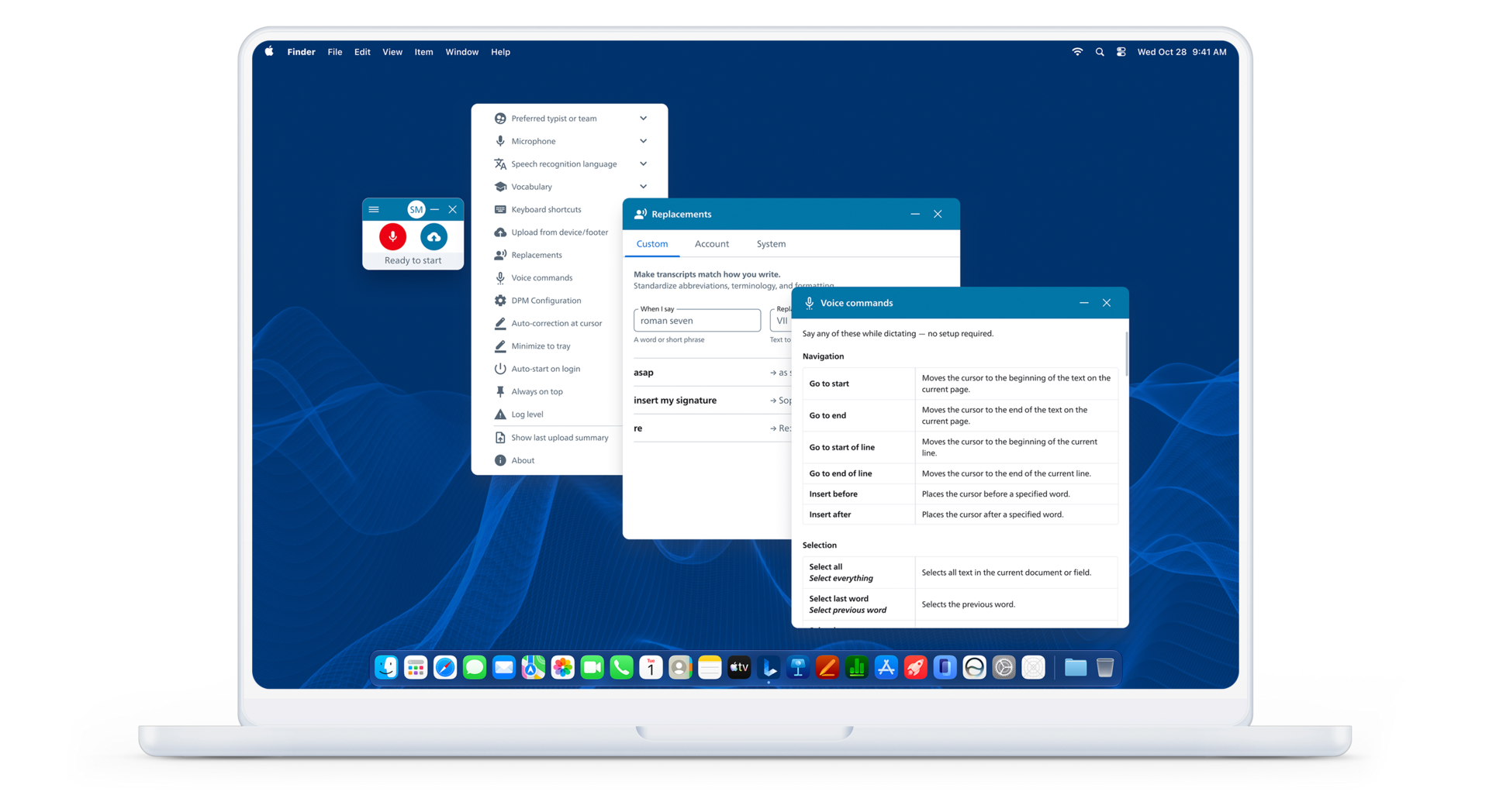 Philips SpeechLive Direct interface showing vocabulary, replacements and voice-command settings