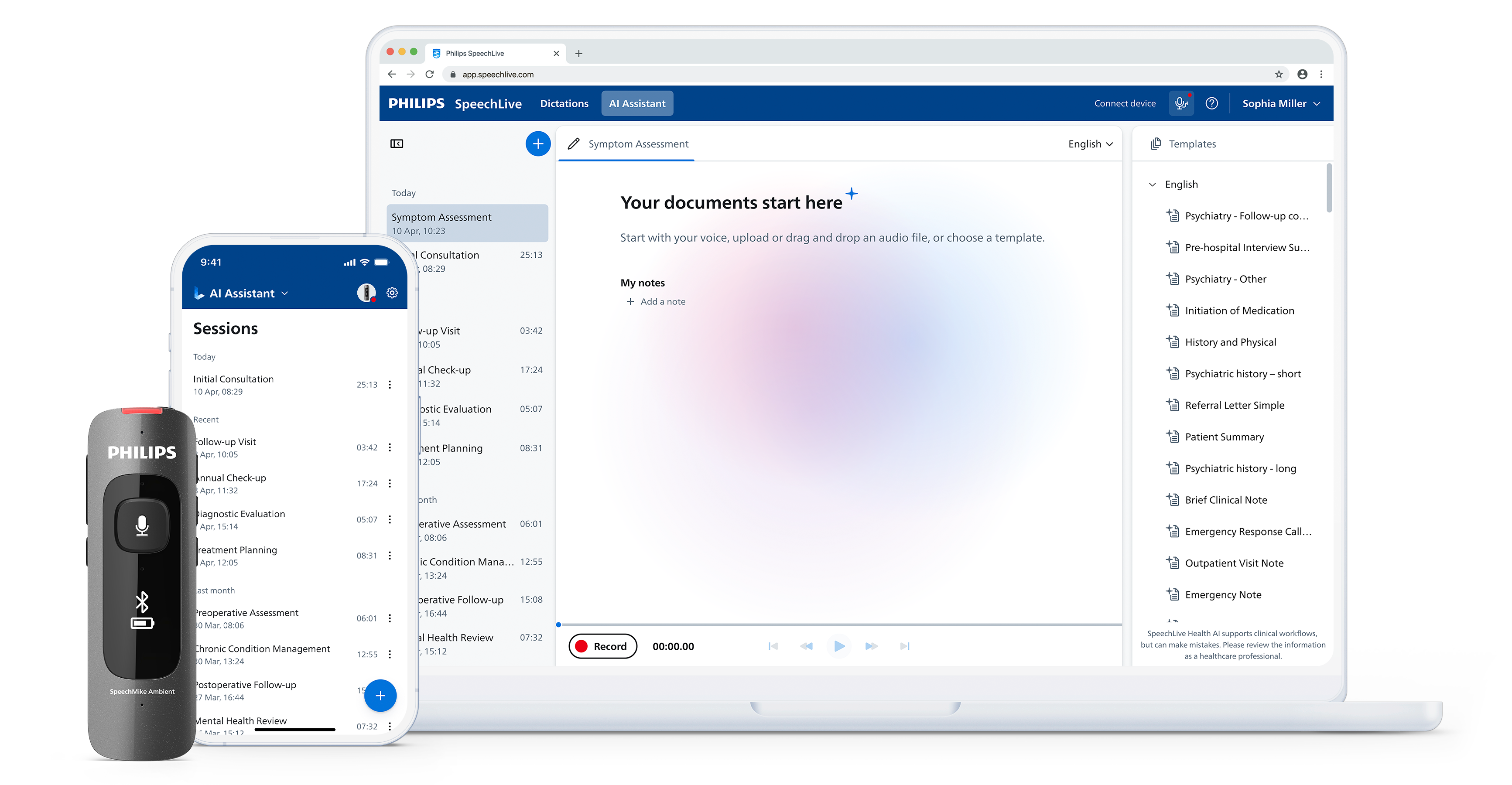 SpeechLive Health devices and interface — new session and session list